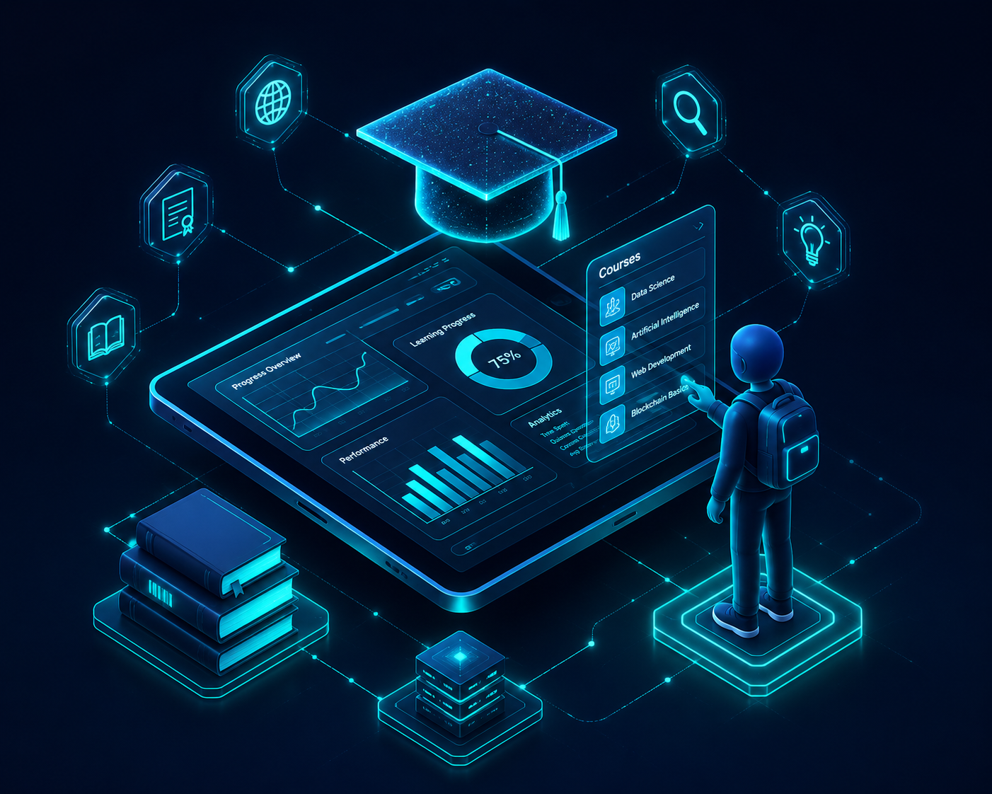 3D isometric illustration of a custom digital learning and ed-tech platform built by IN-TA Solutions Wayanad.