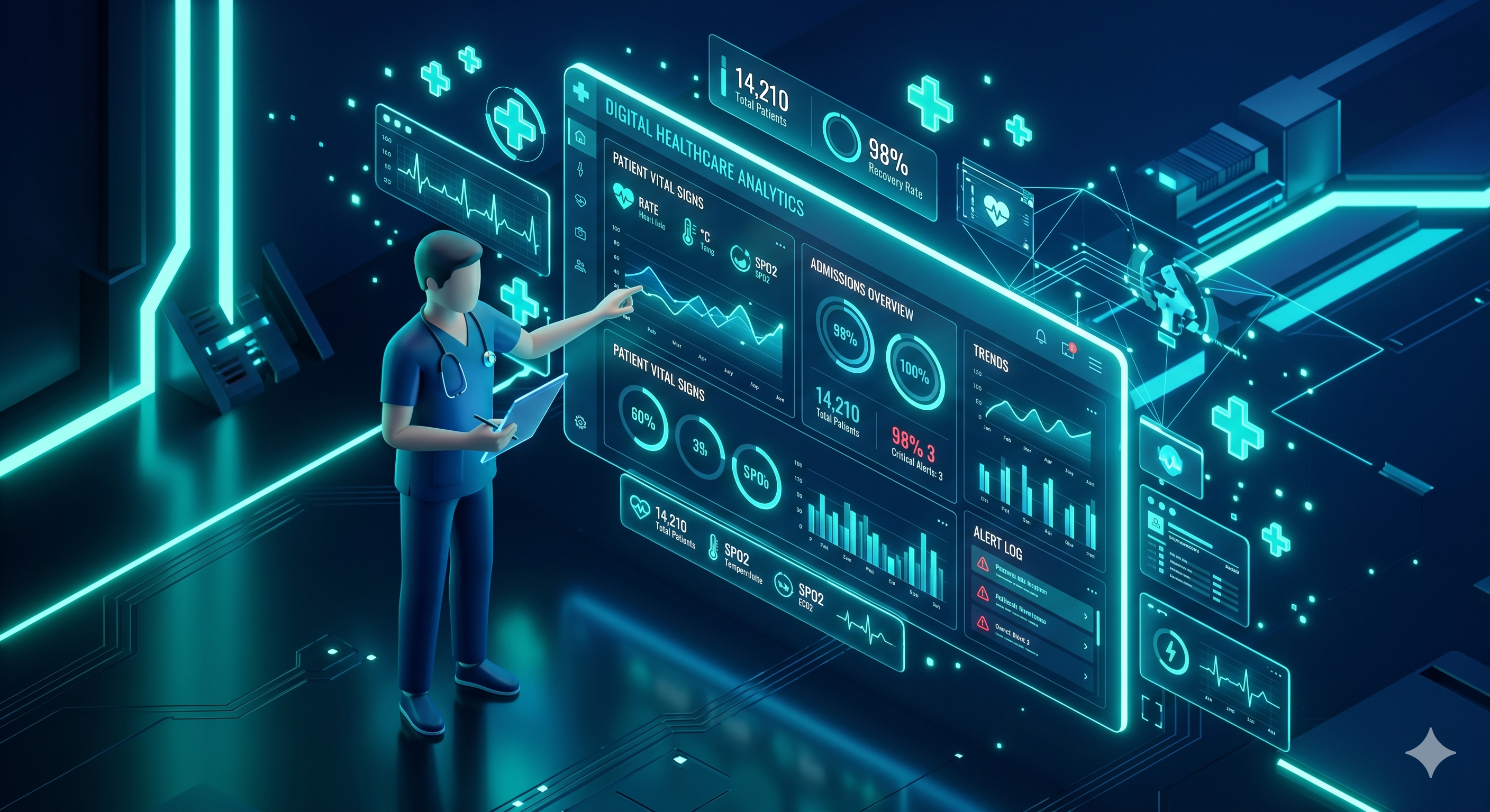 3D isometric dashboard of a custom Hospital Management System built by IN-TA Solutions Wayanad.